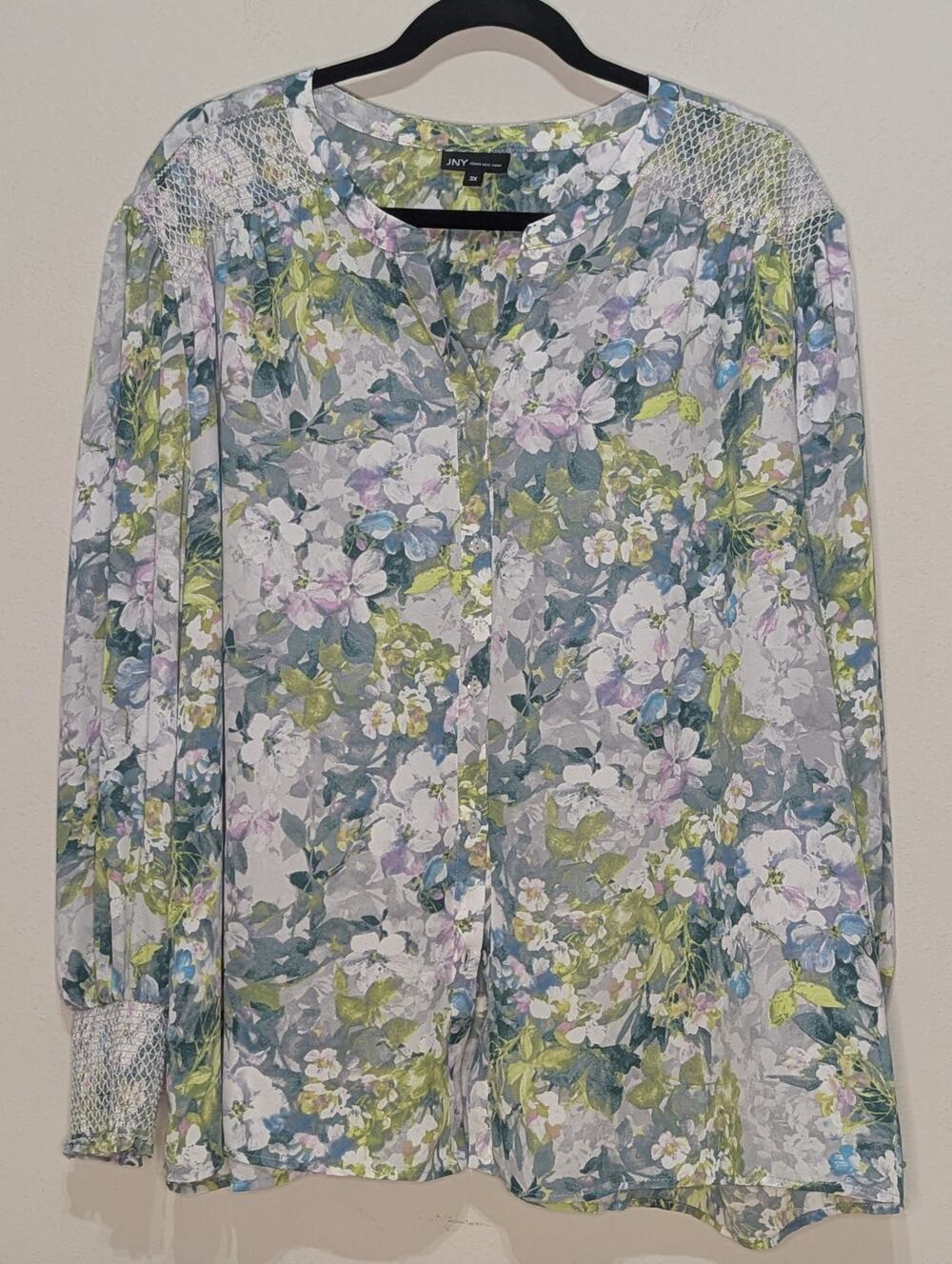 Jones New York Green Floral Semi-Sheer Long Sleeve Button Up Blouse Size 3X